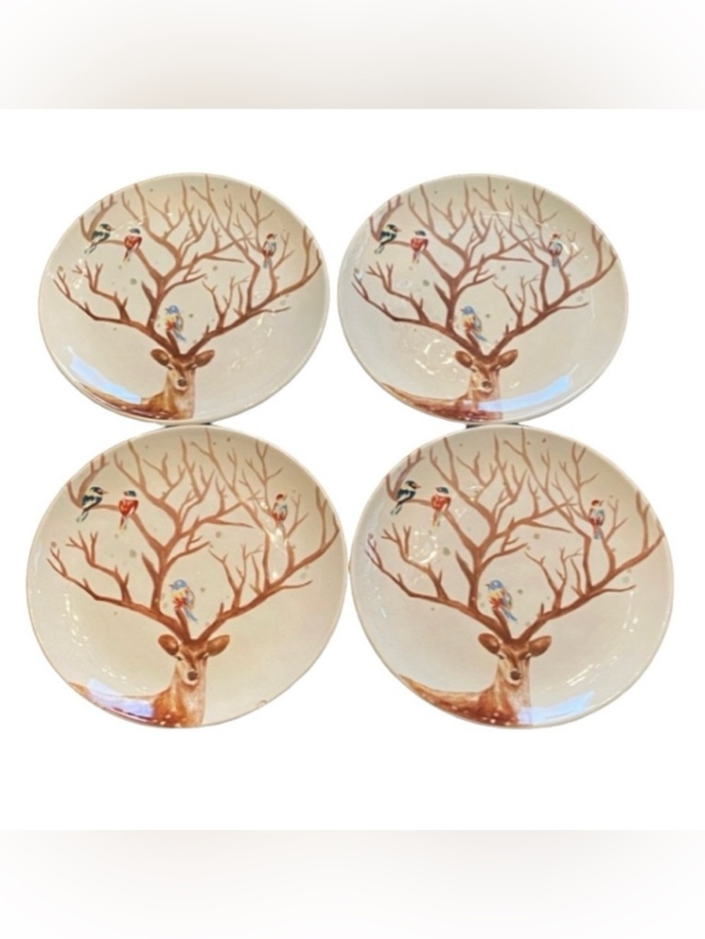 Pier 1 Alexander Deer and Bird Design Dinner Plates. 8.5” Diameter. Set of 4.